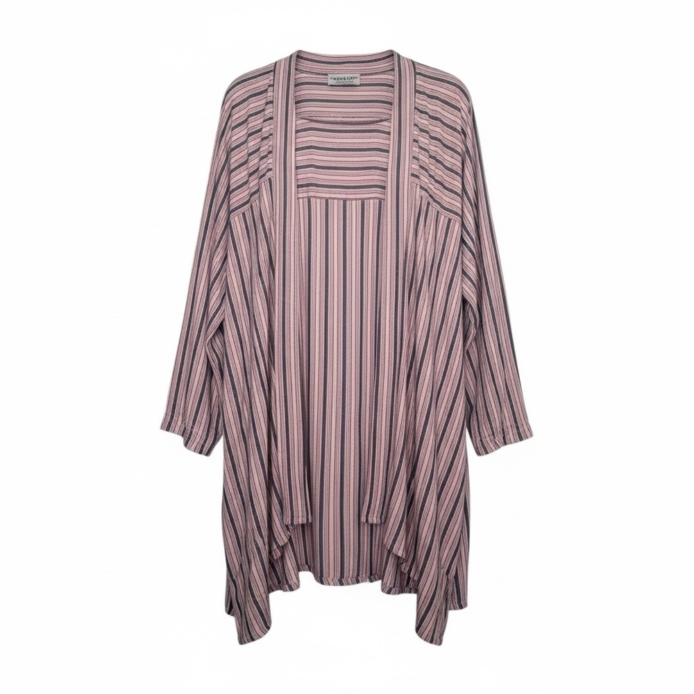 Nomad Pink Black Striped Cotton Open Front Cardigan Womens L/XL Boho Lagenlook